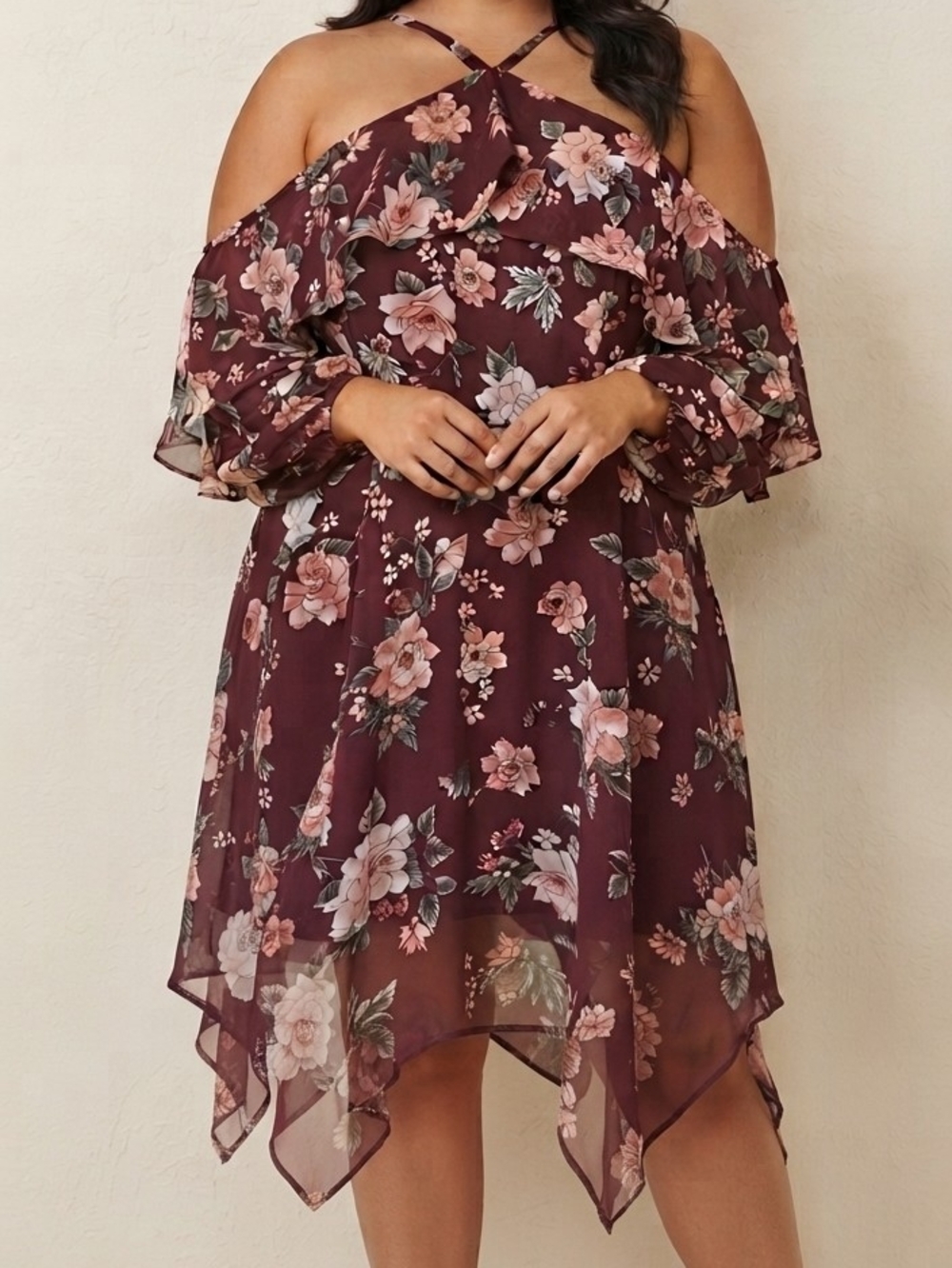 Plus Size Cold-Shoulder Floral Dress